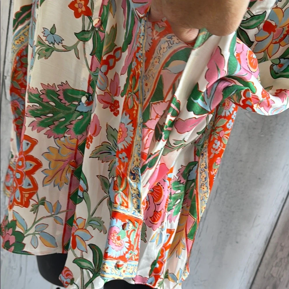Misa Los Angeles White Floral Button-Up Blouse with Pink, Green & Orange Print - Picture 6 of 6